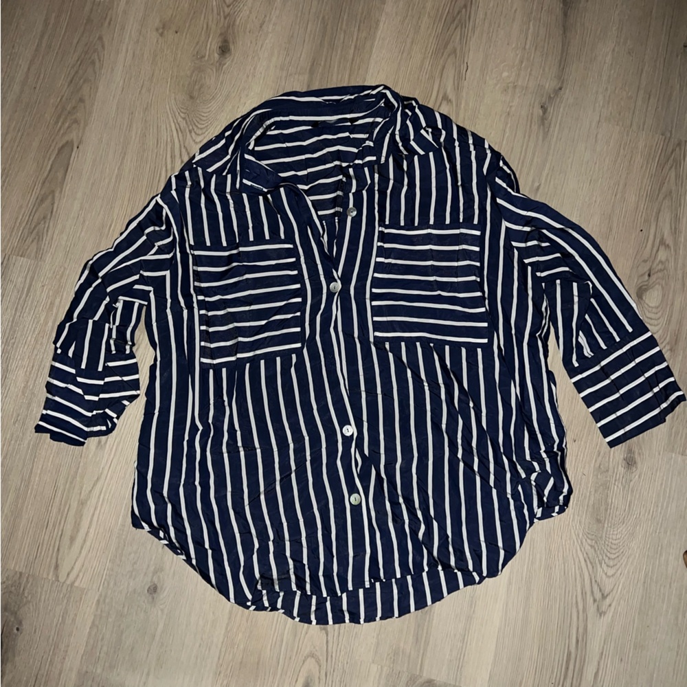 Zara Striped Button Down Shirt Navy White Modal Blend Size L Lightweight